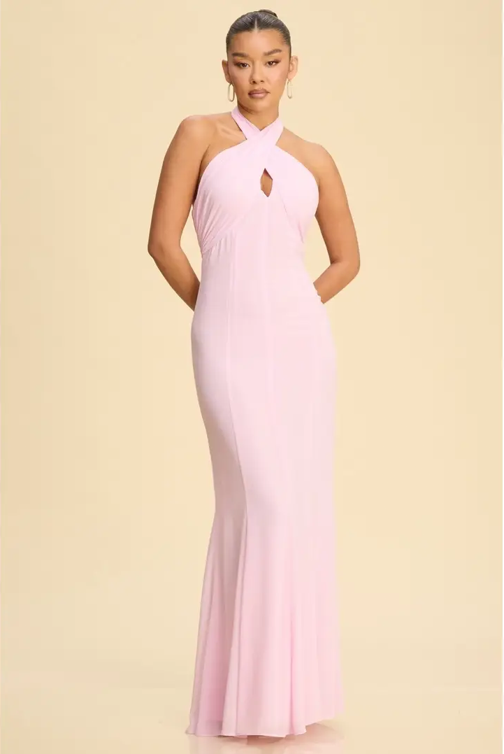 Chiffon Panel Halter Neck Dress