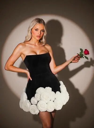 Black Strapless Tube Dress with 3D White Floral Hemline