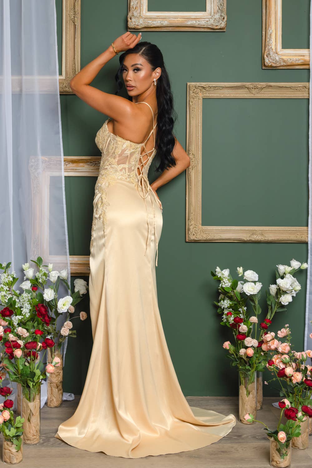 Lux Lace-Up Back Beaded Embroidered Sequin Maxi Dress