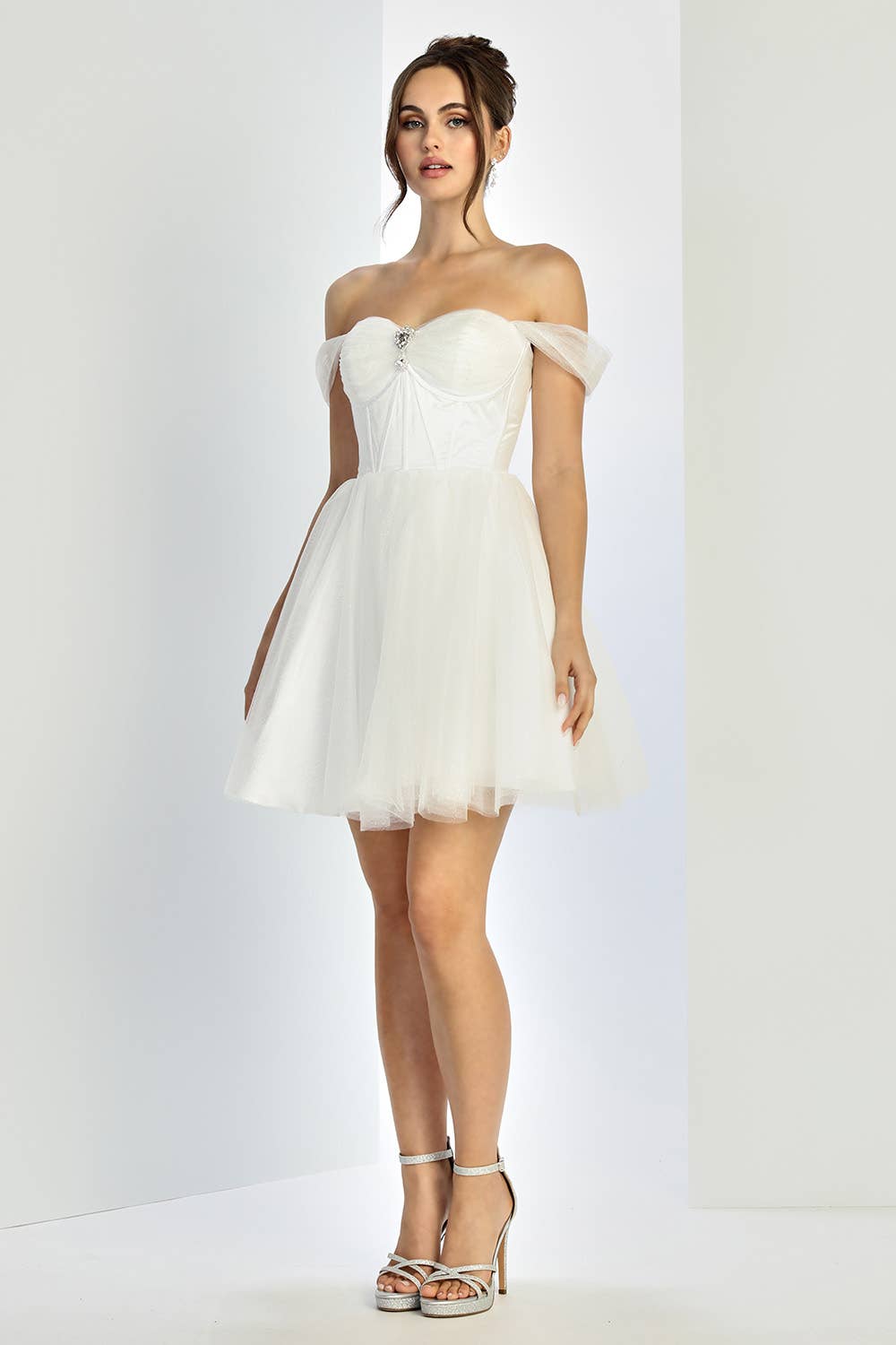 Off-Shoulder Short Tulle Bridal Dress with Stone Detail & Lace Corset Back