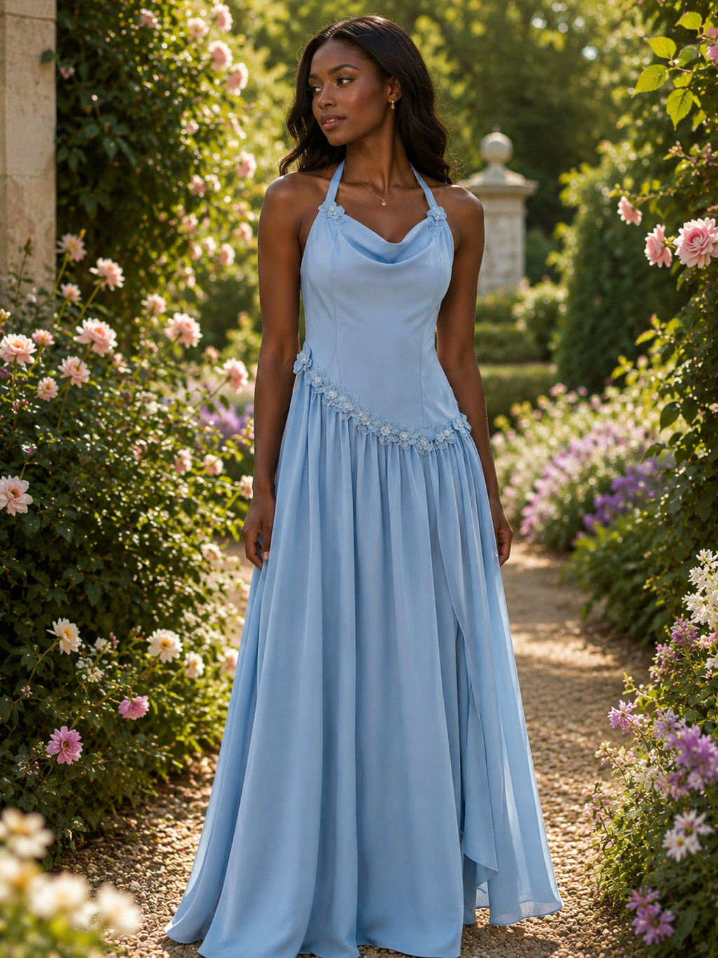 A woman wearing a light blue halter-neck maxi dress stands on a garden path surrounded by lush greenery and pink flowers.