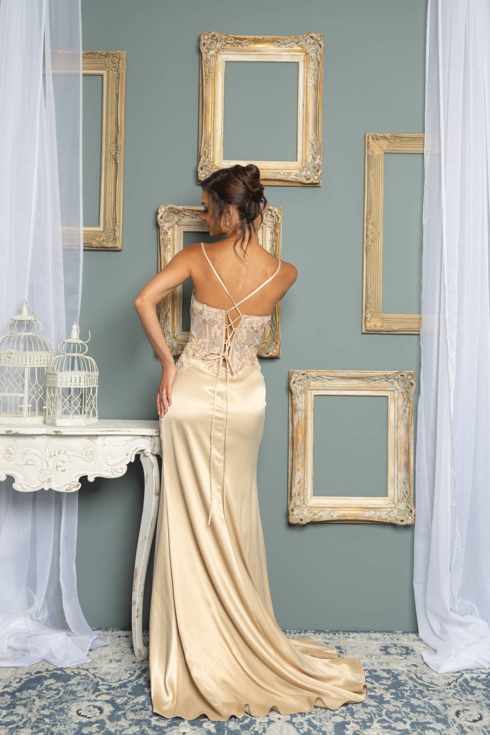 Lux Lace-Up Back Beaded Embroidered Sequin Maxi Dress