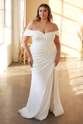 Vestido de novia de satén elástico con hombros descubiertos | Tallas grandes