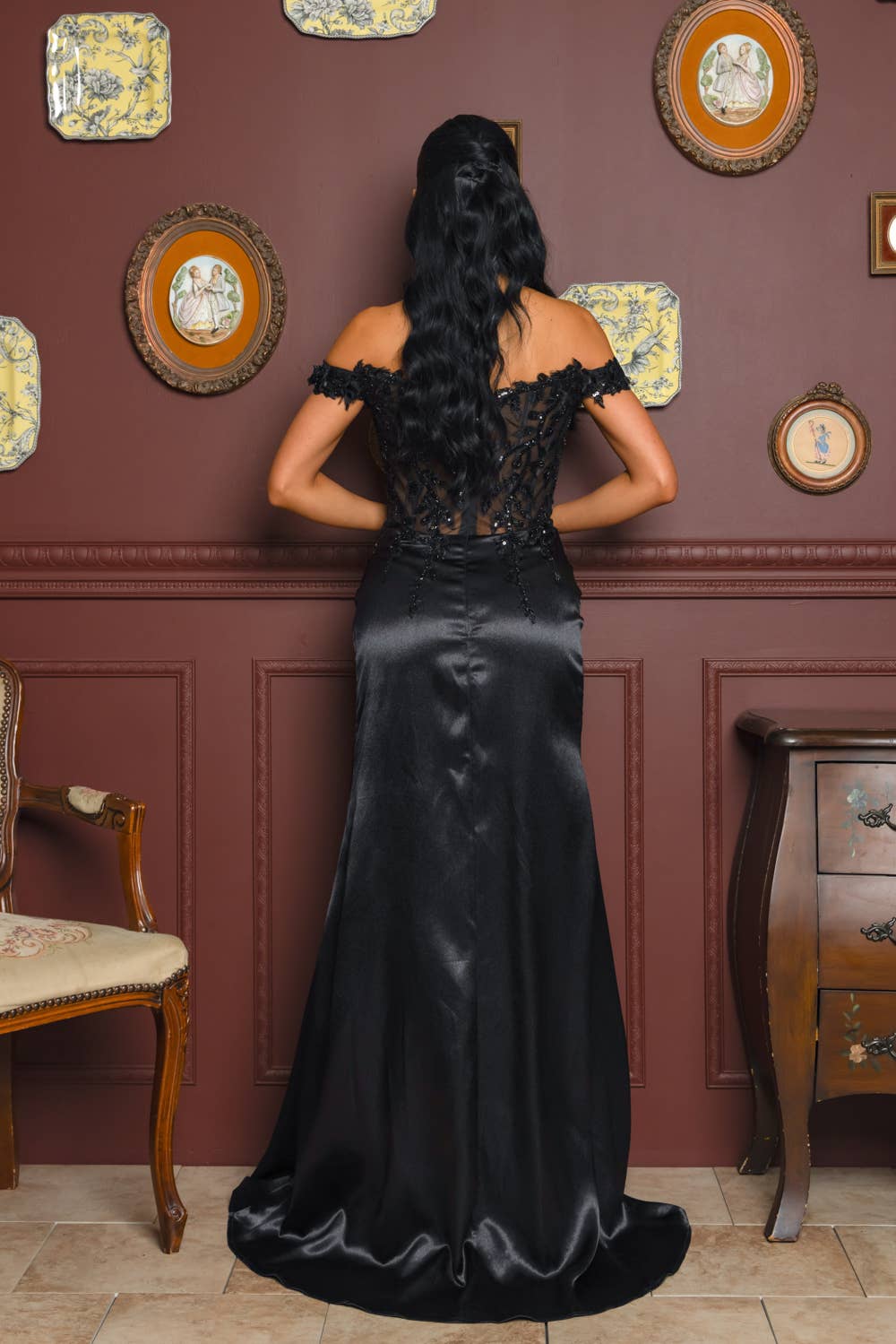 XL Off Shoulder Beaded Embroidered Sequin Maxi Dress