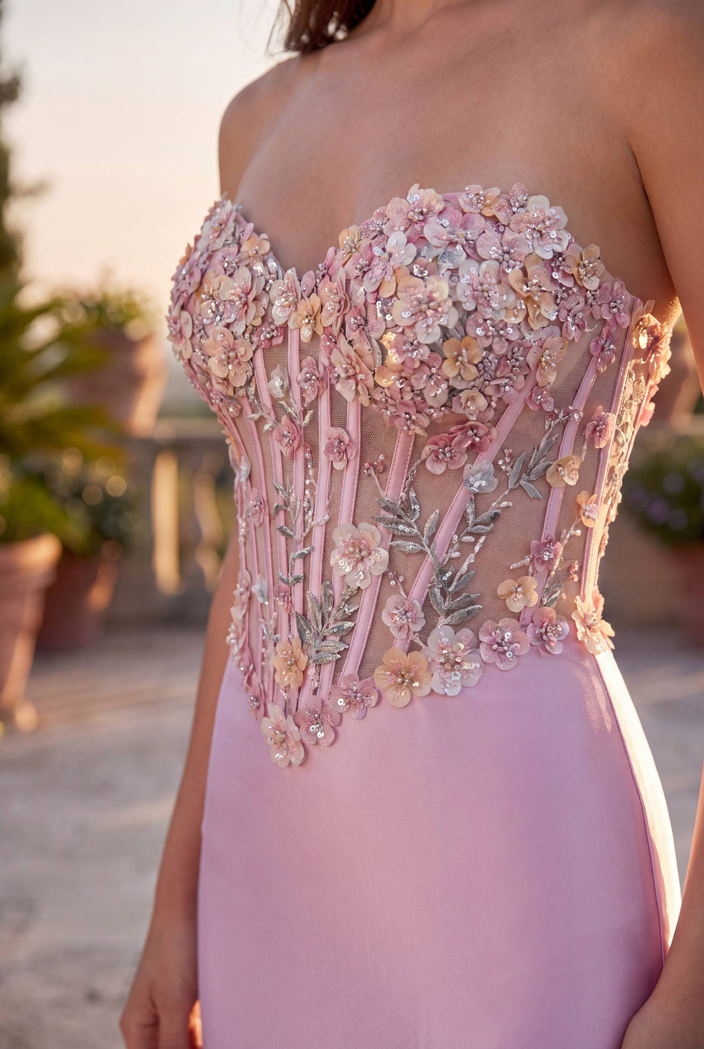 Floral Appliqué Corset Satin Gown