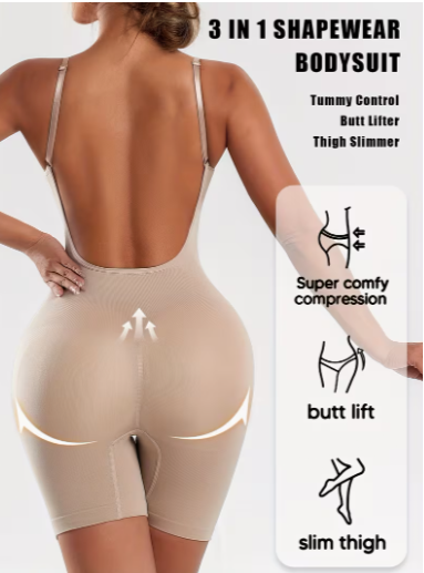 A woman shown from the back wearing a beige 3-in-1 shapewear bodysuit with thin straps and a low open back. The image includes marketing text and a panel with icons describing tummy control, butt lift, and thigh slimming.