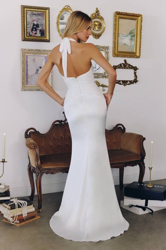 Halter Satin Pleated Chiffon Open Tie Back Bridal Gown