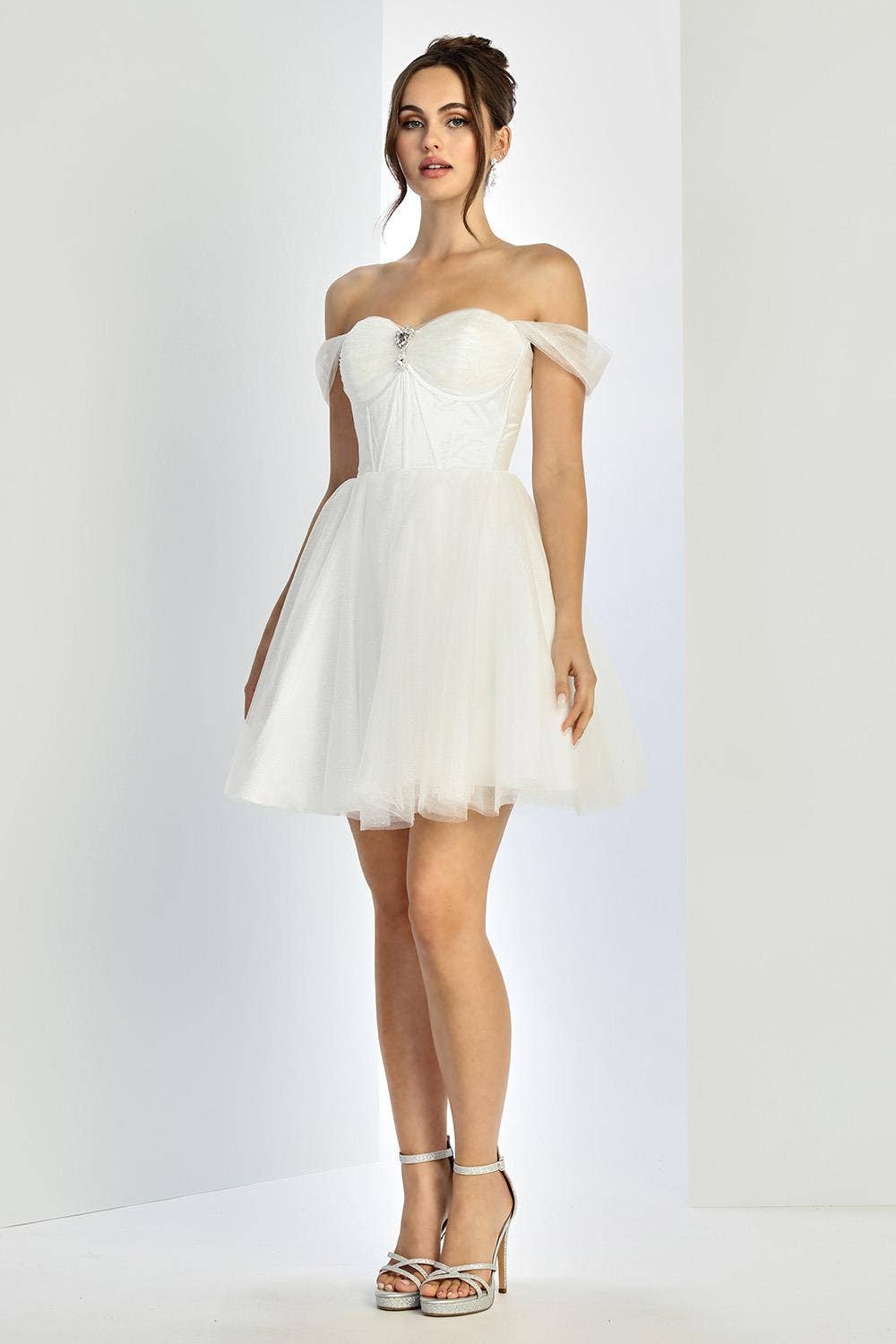 Off-Shoulder Short Tulle Bridal Dress with Stone Detail & Lace Corset Back
