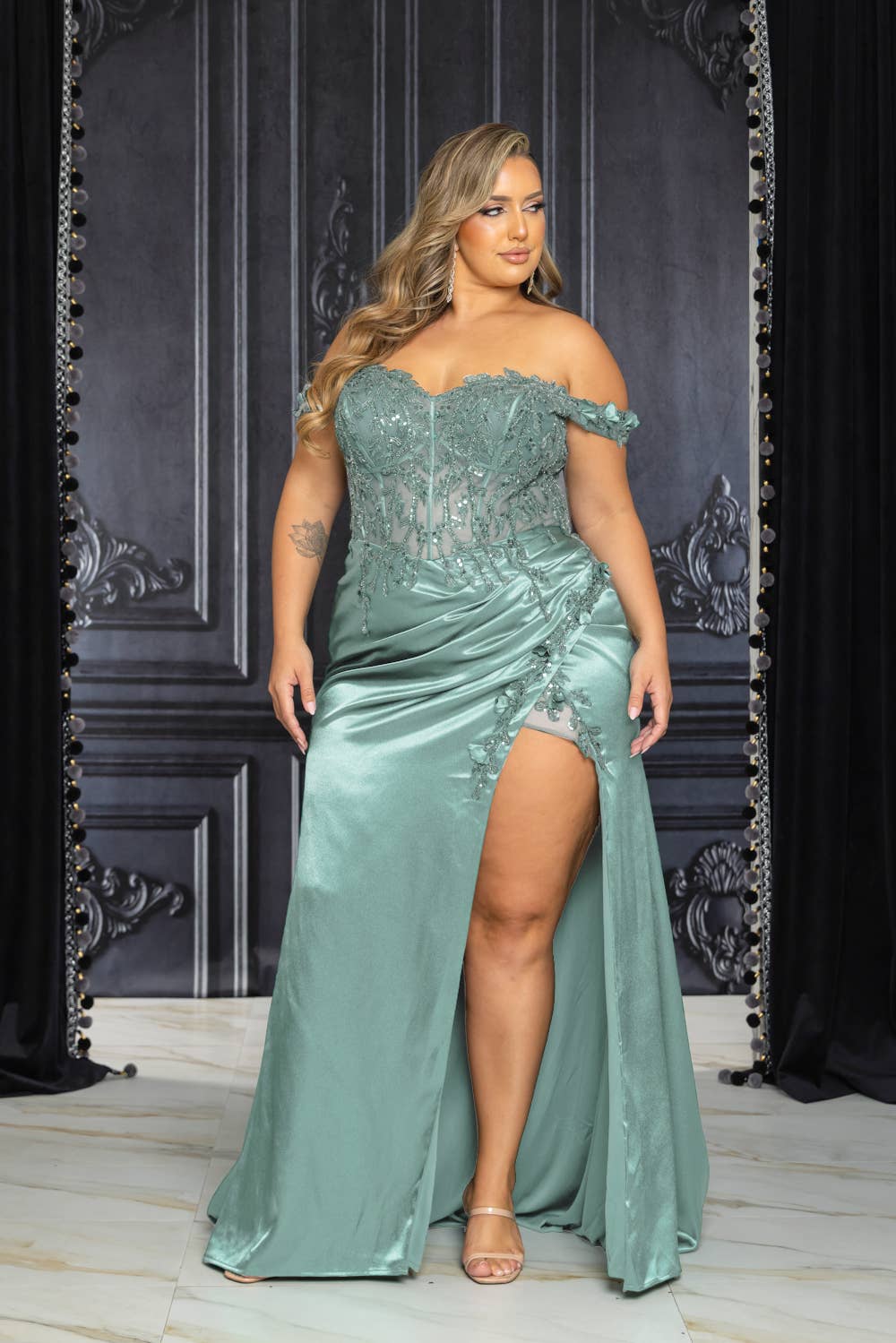 Plus Size Off Shoulder Beaded and Embroidered Maxi Dress