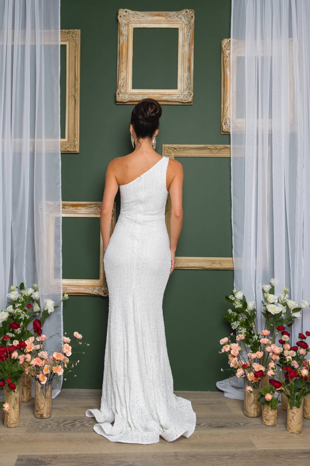 One Shoulder White Sequin Maxi Dress with Train
