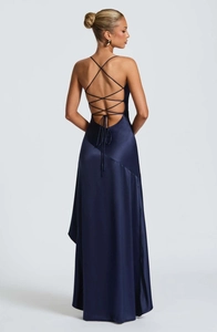 Halter Neck Backless Satin Gown with Ruffle Skirt