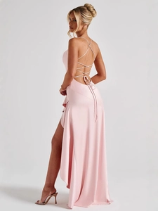 Halter Neck Backless Satin Gown with Ruffle Skirt