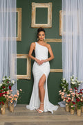 One Shoulder White Sequin Maxi Dress with Train