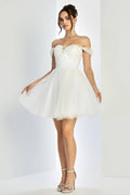 Off-Shoulder Short Tulle Bridal Dress with Stone Detail & Lace Corset Back