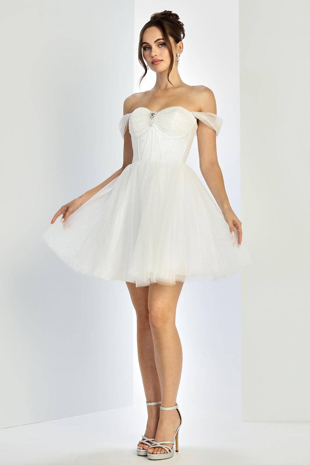 Off-Shoulder Short Tulle Bridal Dress with Stone Detail & Lace Corset Back