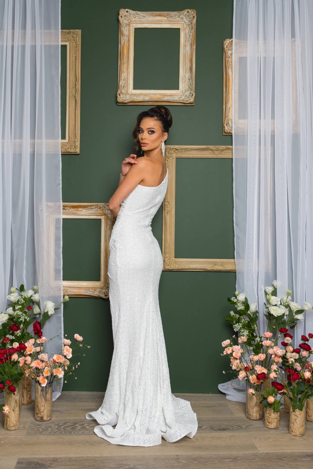 One Shoulder White Sequin Maxi Dress with Train