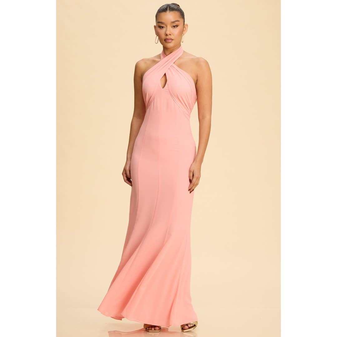 Chiffon Panel Halter Neck Dress