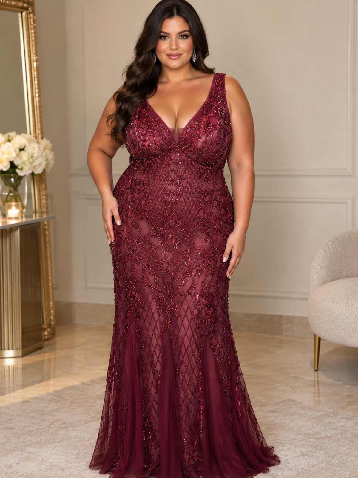 A woman models a floor-length burgundy lace evening gown with a deep V-neckline in an elegant indoor setting with a gold mirror and beige wall paneling.