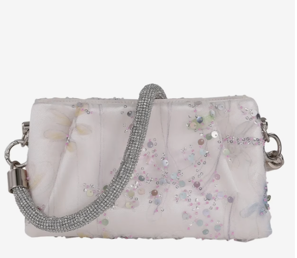 Badgley Mischka White Sequin Lace Evening Bag | Jewel Embroidered Satin Clutch