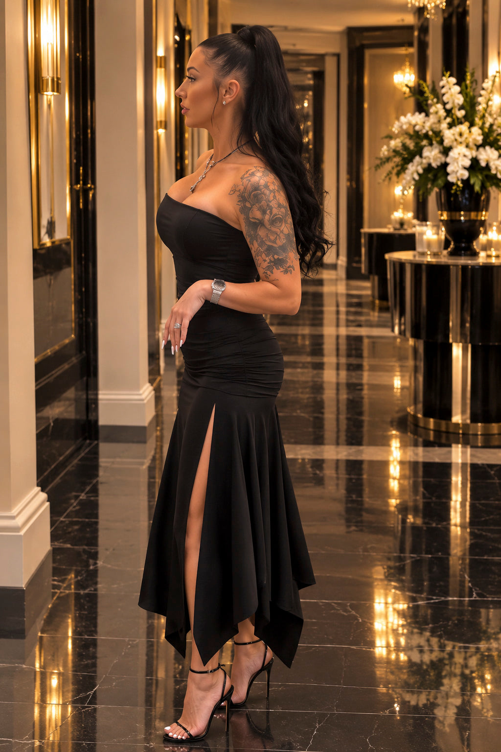 Strapless Mermaid Gown – High-Low Fishtail Hem & Thigh-High Slit