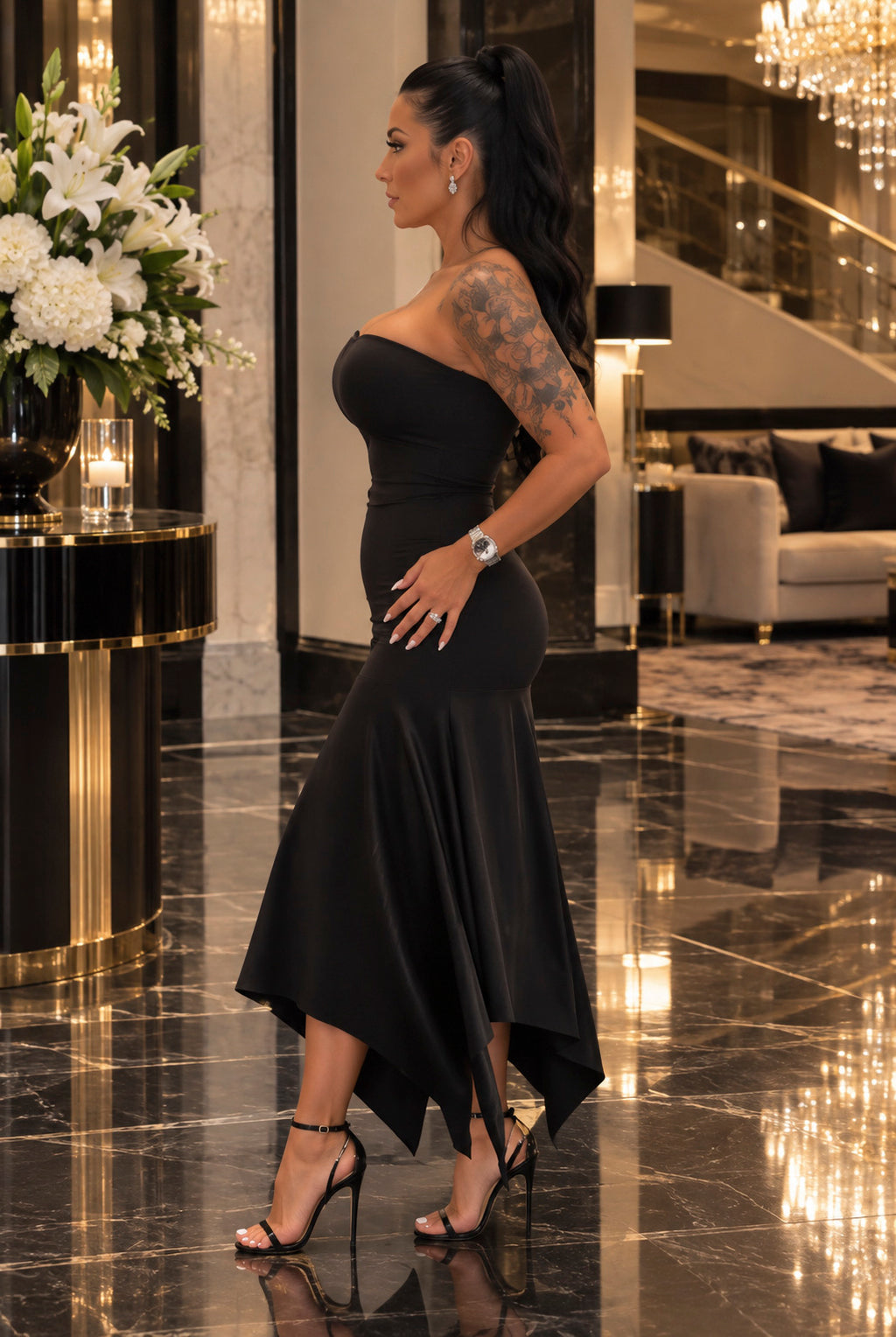 Strapless Mermaid Gown – High-Low Fishtail Hem & Thigh-High Slit