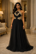Black & Gold Floral Appliqué Evening Gown
