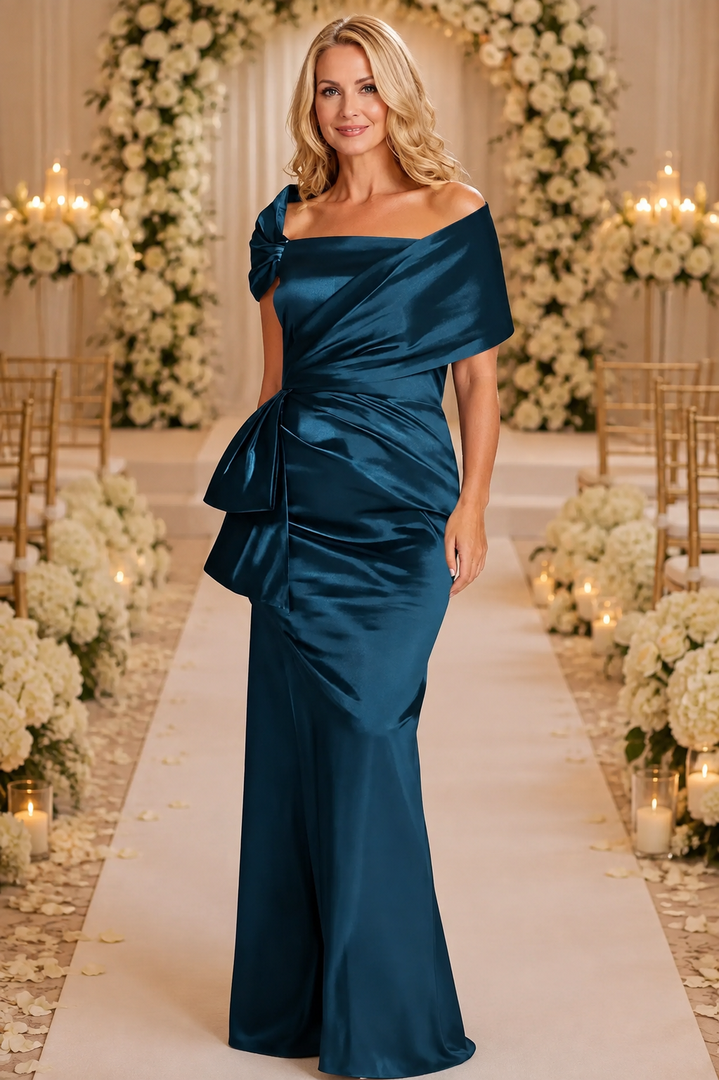 A woman stands on a white aisle runner in a decorated event space, wearing a floor-length off-the-shoulder satin gown in deep teal blue with layered ruffle details at the bodice and skirt.