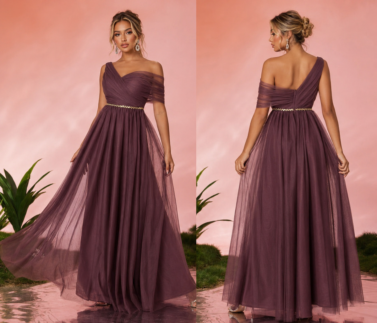 Plum One-Shoulder Tulle Gown