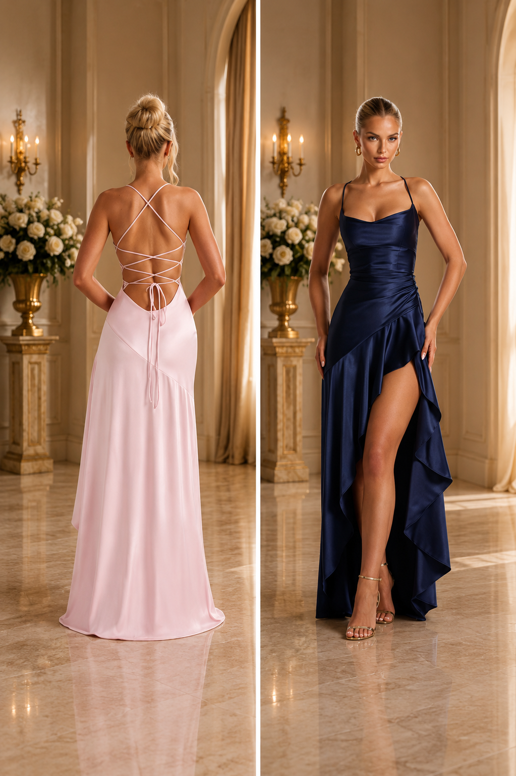 Halter Neck Backless Satin Gown with Ruffle Skirt