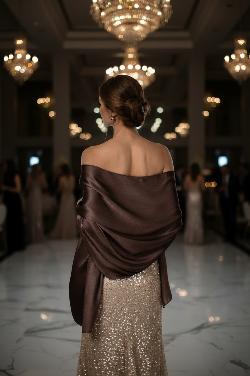 A woman viewed from behind in a grand ballroom, wearing an off-the-shoulder dark brown satin shawl draped over a champagne-colored sequined gown.