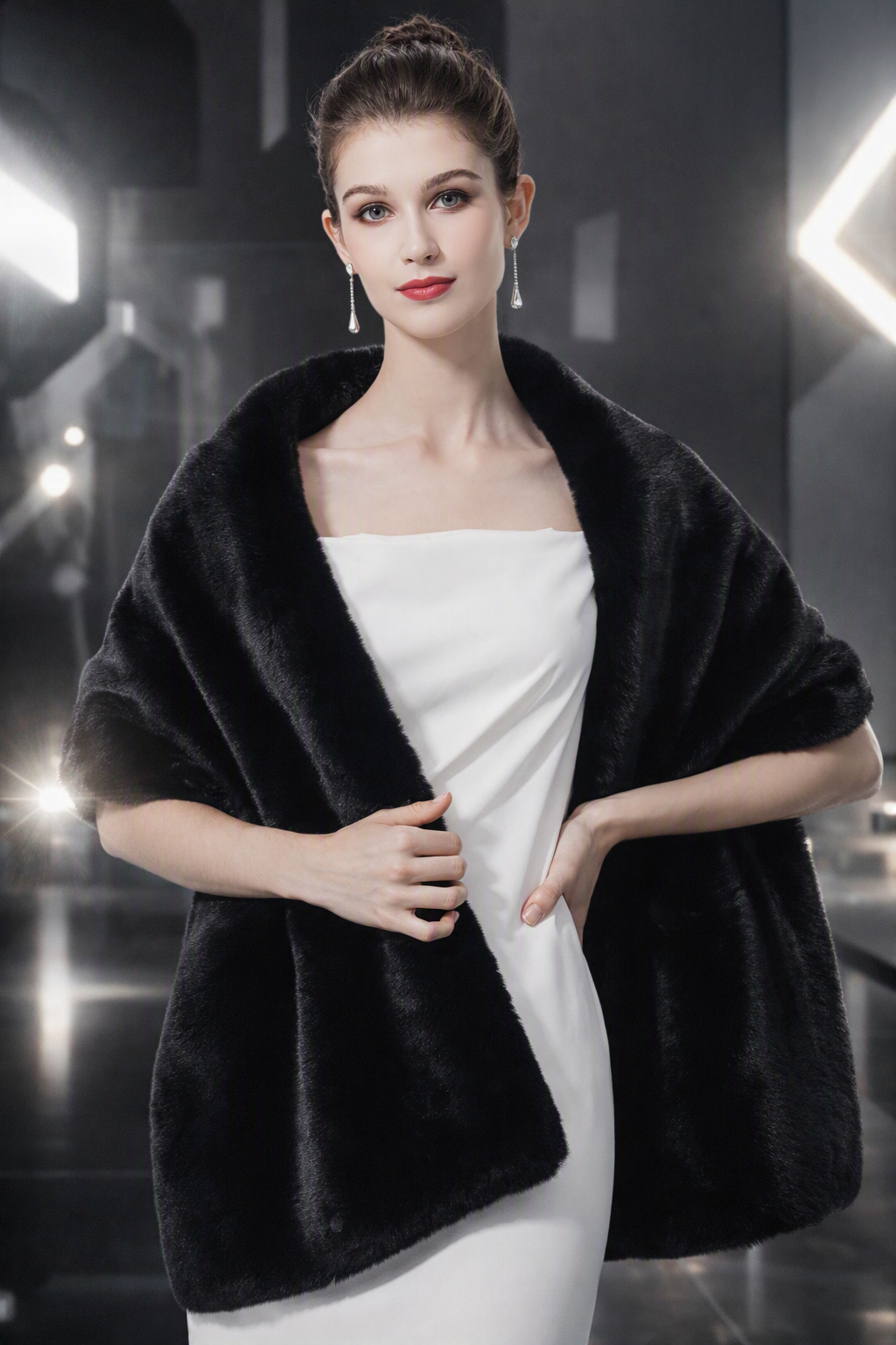 A woman modeling a black faux fur shawl draped over her shoulders, worn over a white strapless dress in a dark, modern studio setting with bright light flares.