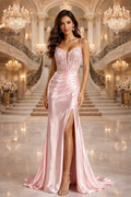Fitted Stretch Satin Dress with Beaded Bodice & Slit