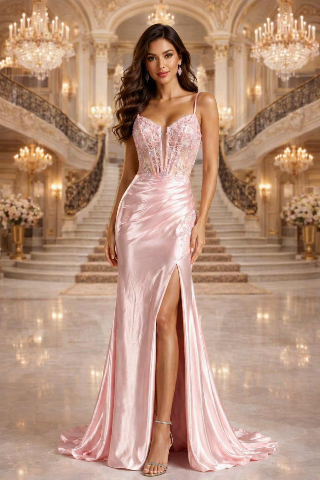 Fitted Stretch Satin Dress with Beaded Bodice & Slit
