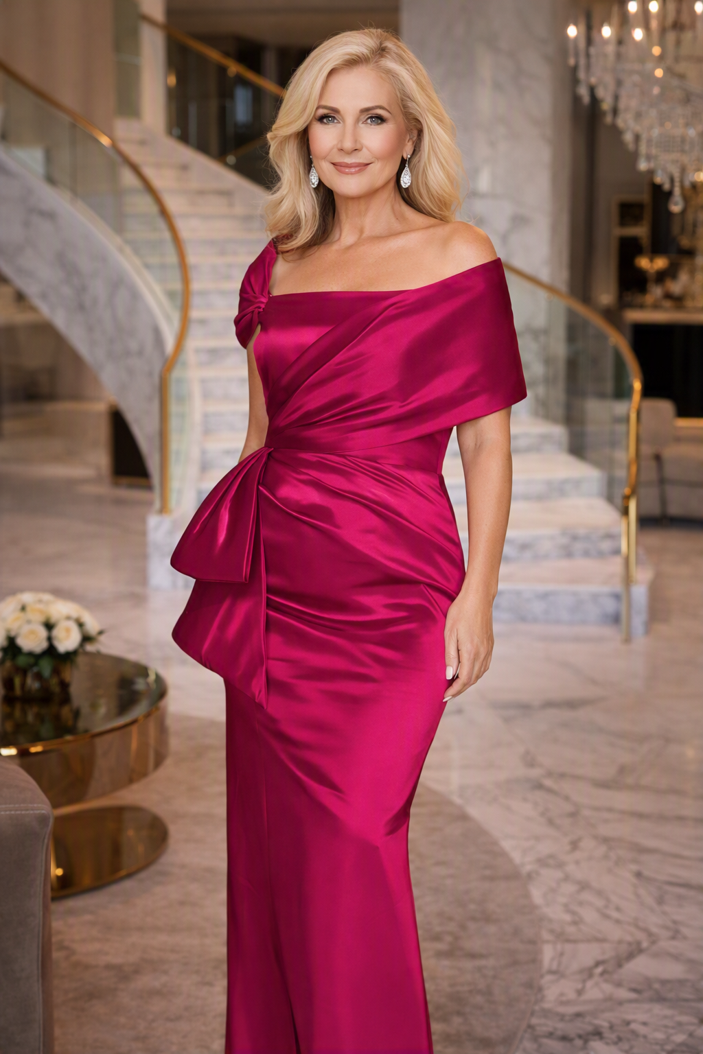 A woman wearing a bright fuchsia satin off-the-shoulder evening gown with a draped waist and ruffled skirt, standing in a luxurious marble lobby with a staircase and chandelier in the background.