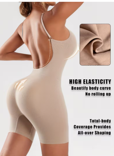 A woman shown from the back wearing a beige high-elastic shapewear bodysuit with thin straps and a large open back. A fabric texture inset appears on the upper right, and text on the right reads 'HIGH ELASTICITY Beautyf y body curve No rolling up' and 'Total-body Coverage Provides All-over Shaping'.