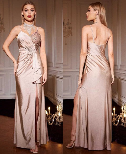 Gold Halter Neck Embellished Satin Gown