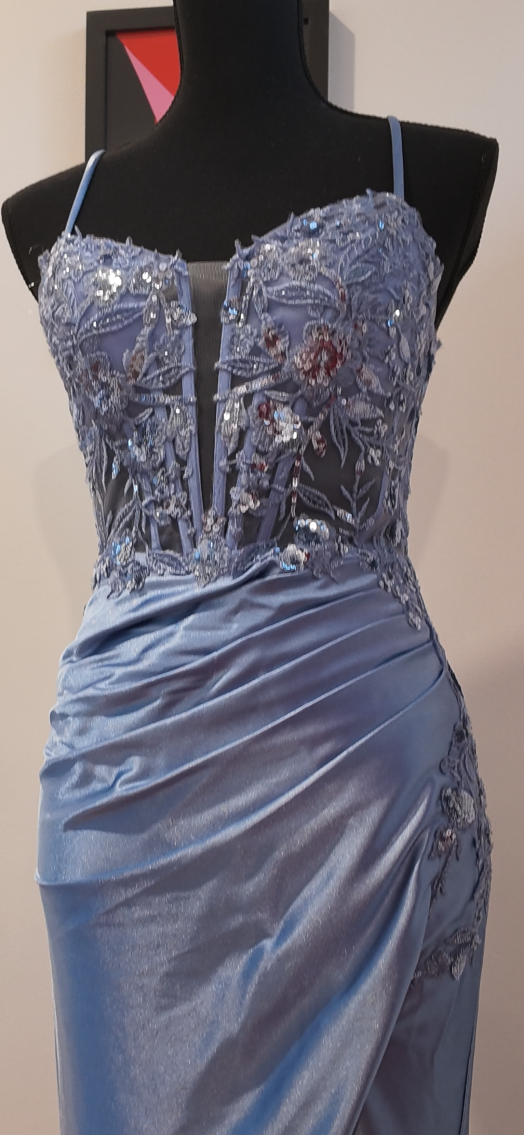 Fitted Stretch Satin Dress with Beaded Bodice & Slit