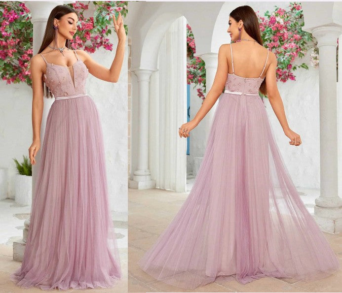 Pink Tulle Floral Maxi Gown