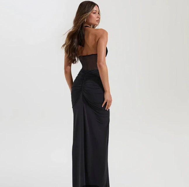 Halter V-Neck Backless Mesh Maxi Dress with Boning