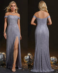 Silver Sequin Off-Shoulder Slit Gown