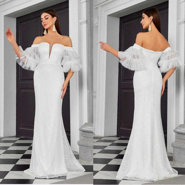White Sequin Off-Shoulder Puff Sleeve Wedding Gown