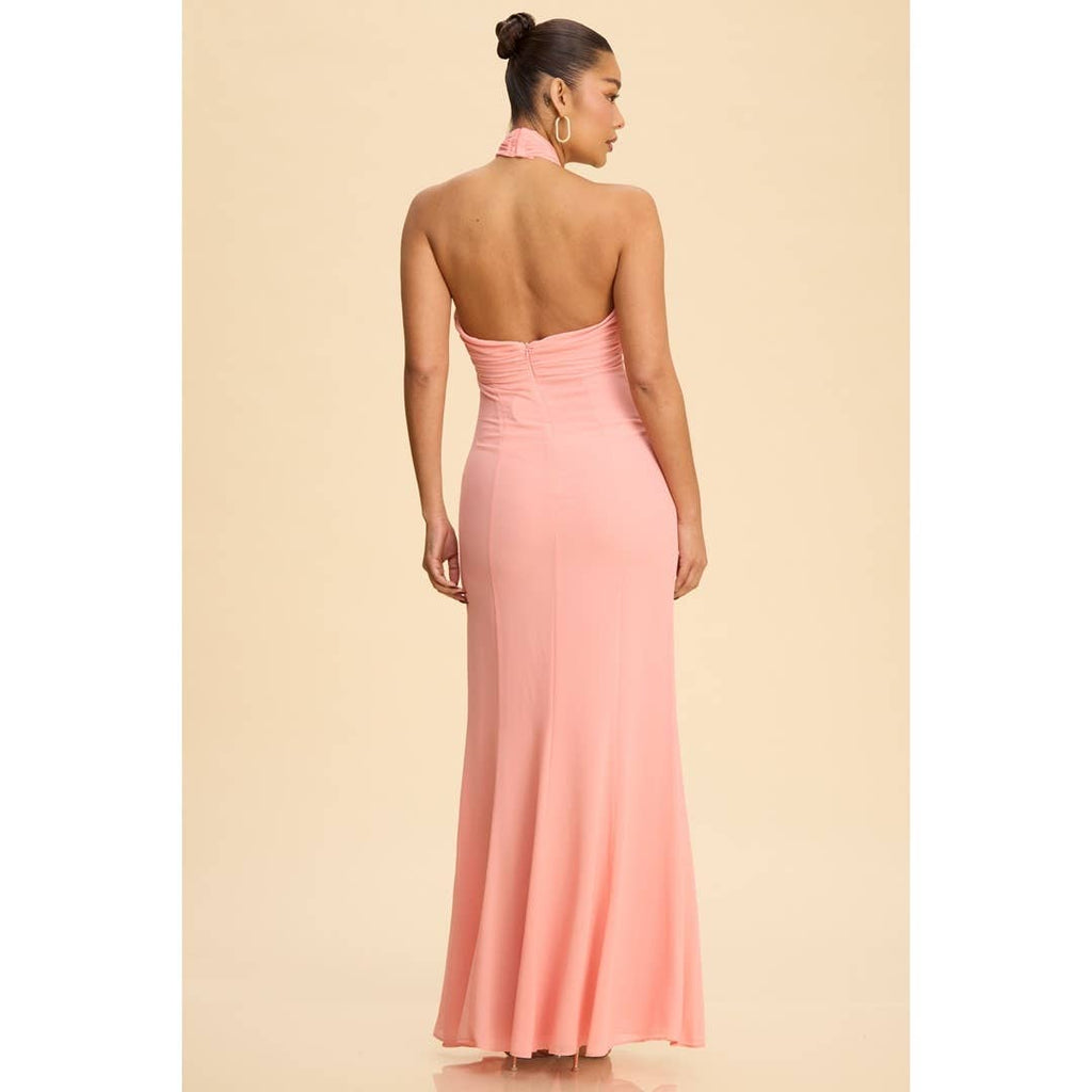 Chiffon Panel Halter Neck Dress