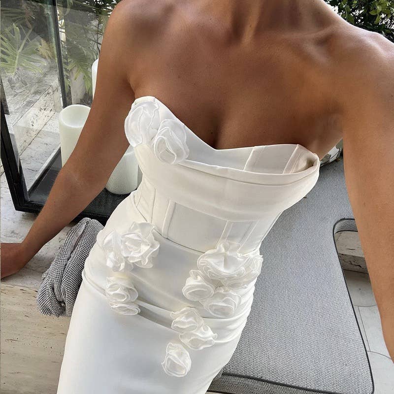 Floral Embellished White Bandage Dress