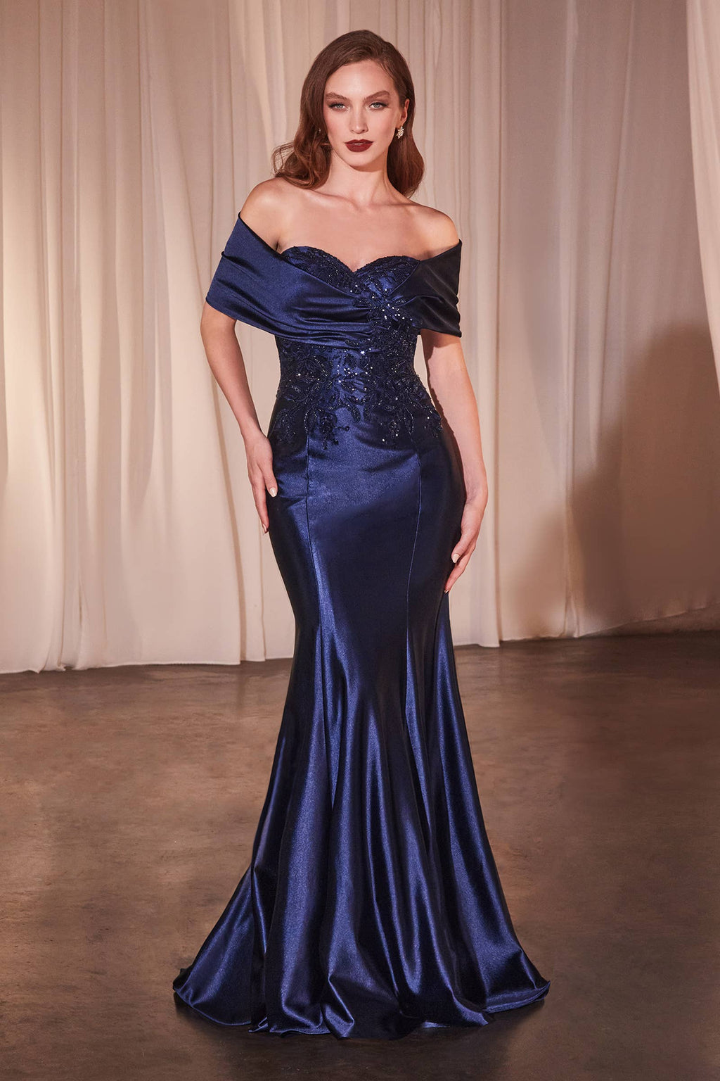 Satin Off-the-Shoulder Fitted Gown with Lace Appliqué