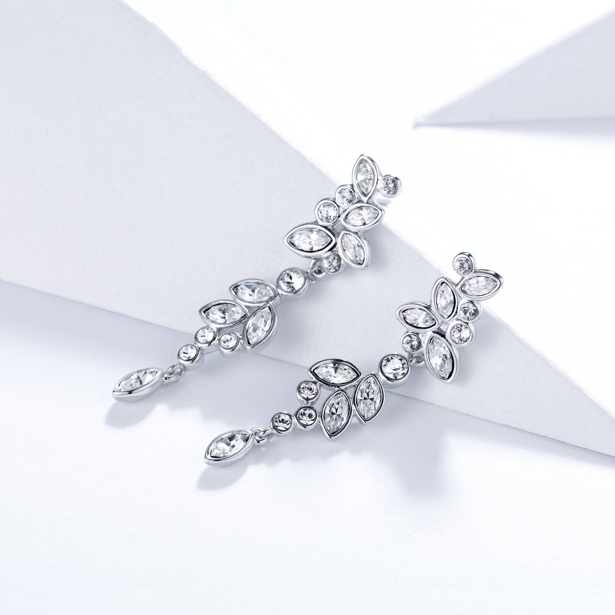 Enchanted Drop Earrings — Swarovski Crystals, White Gold Plating