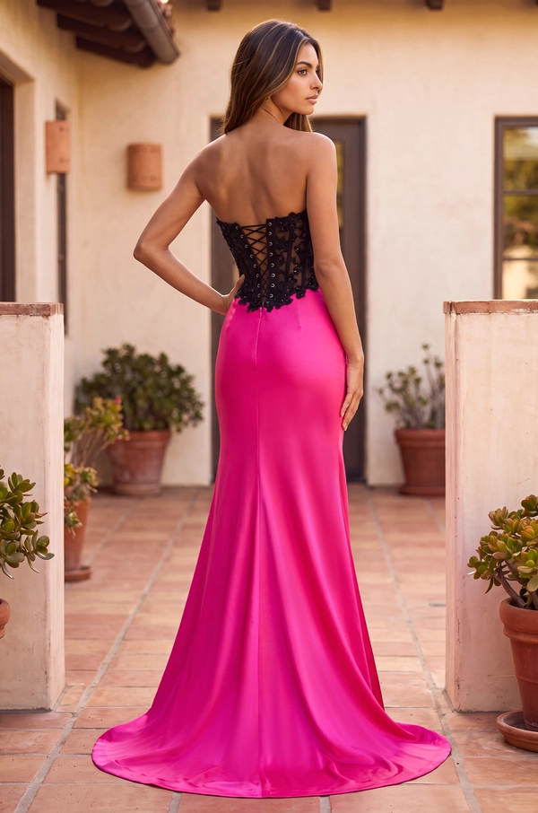 A woman stands on a tiled patio wearing a bright pink floor-length gown with a black lace corset-style bodice and back detail. The setting includes beige stucco walls, doors, and potted plants.