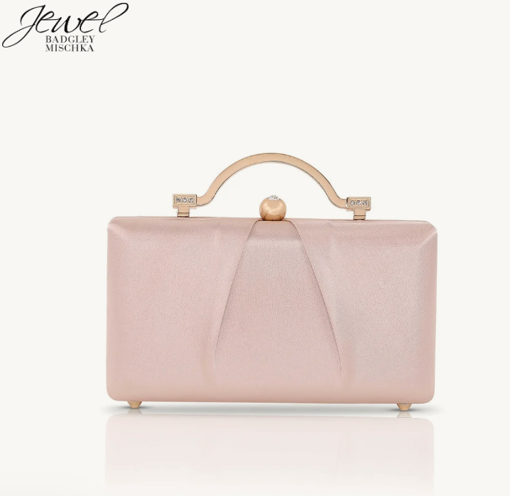 Badgley Mischka Emma Champagne Satin Minaudiere | Gold Hardware Evening Clutch with Outer Pocket