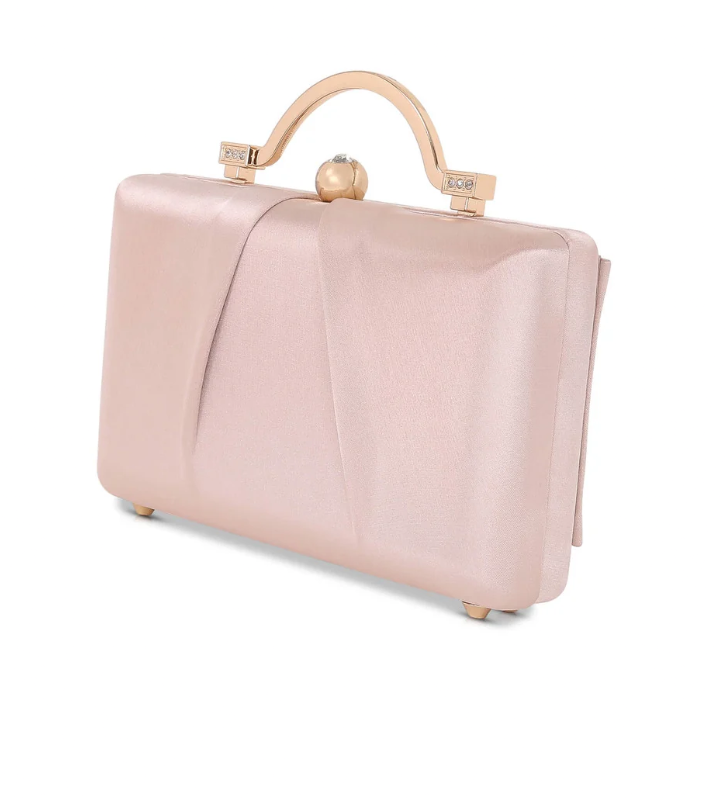 Badgley Mischka Emma Champagne Satin Minaudiere | Gold Hardware Evening Clutch with Outer Pocket
