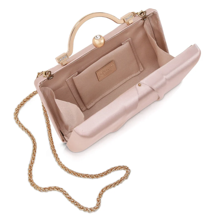 Badgley Mischka Emma Champagne Satin Minaudiere | Gold Hardware Evening Clutch with Outer Pocket