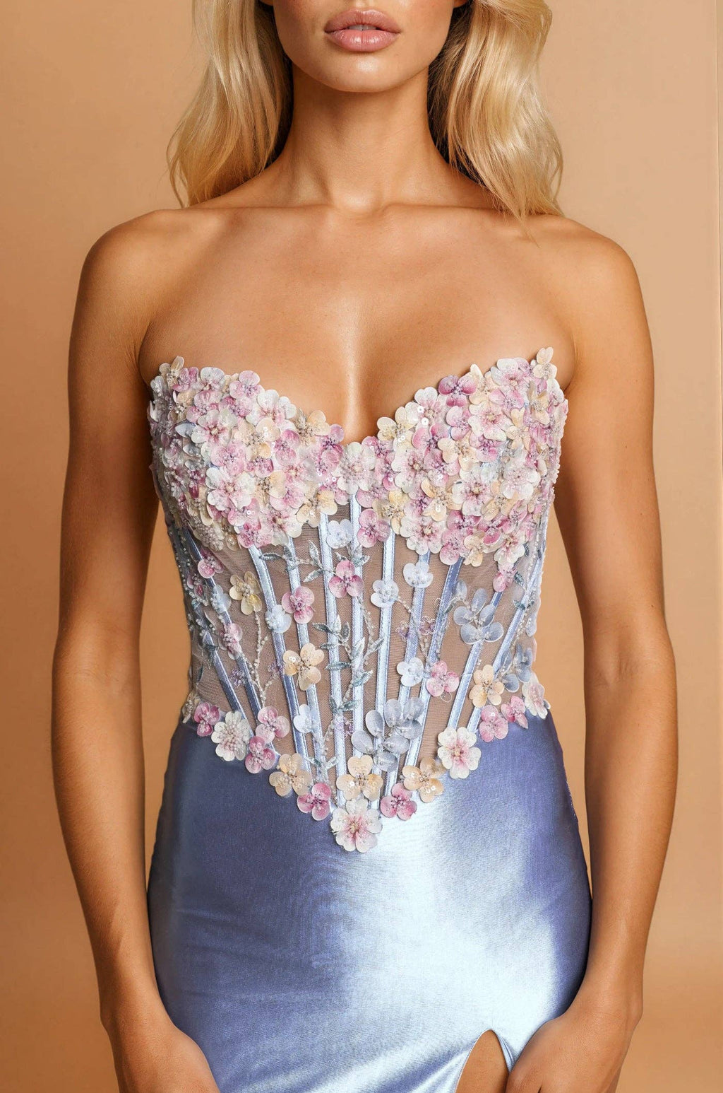 Floral Appliqué Corset Satin Gown